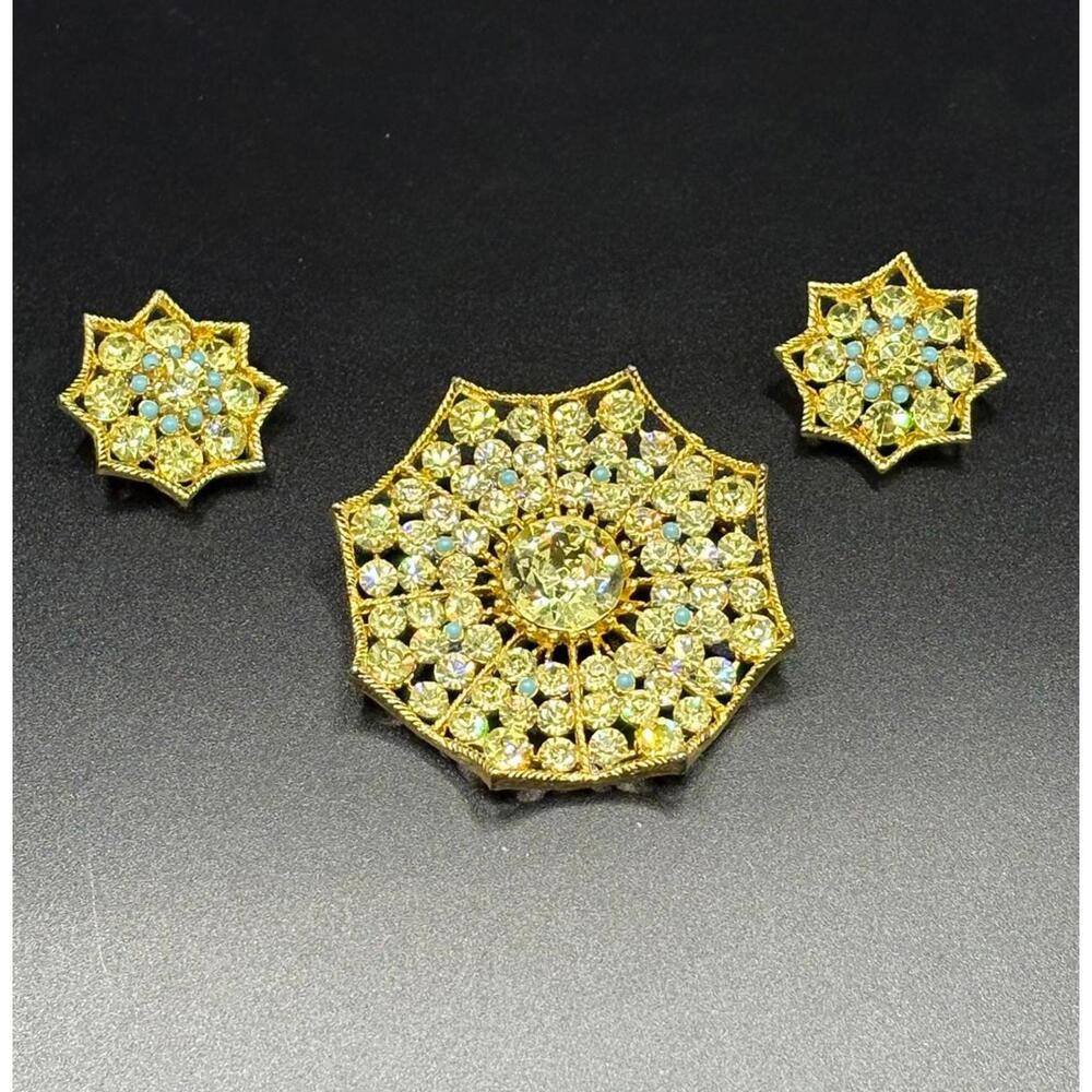 Vintage BSK Spider Web Brooch and Earring set - Canary Yellow and Turquoise